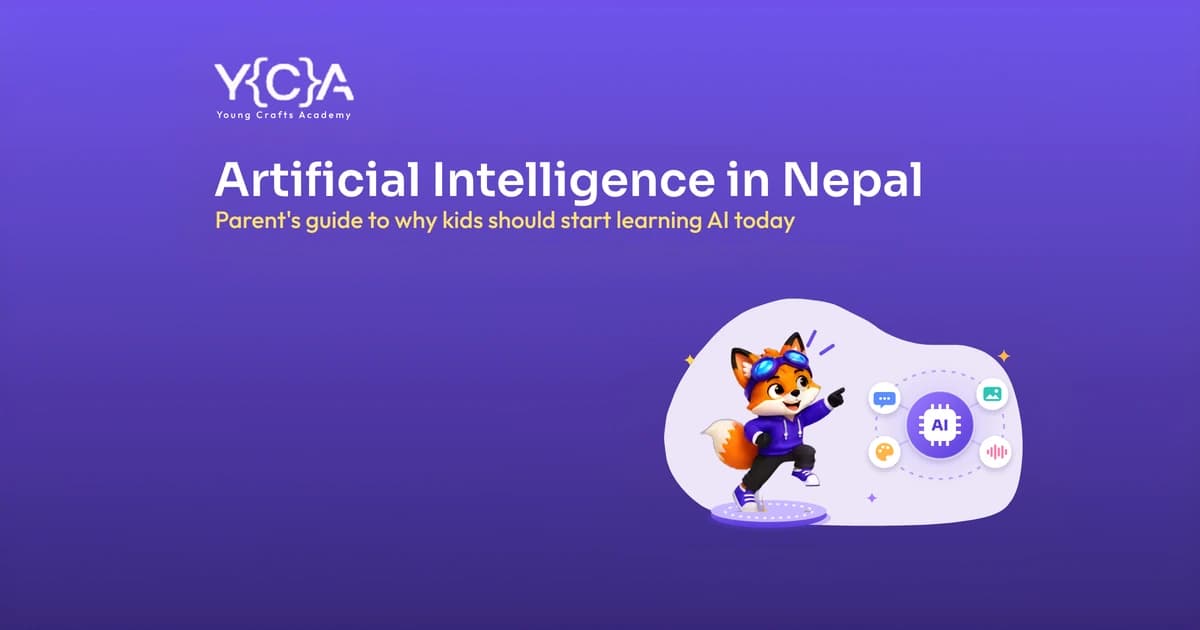 Artificial Intelligence in Nepal cover showing a friendly robot pointing up steps that lead to an AI chip